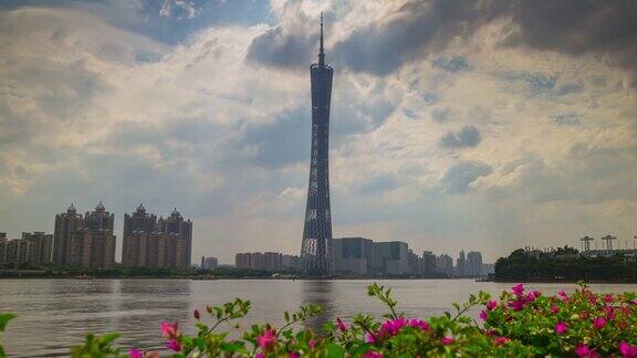 阳光明媚的一天广州市广州塔花河湾全景4k时间流逝中国