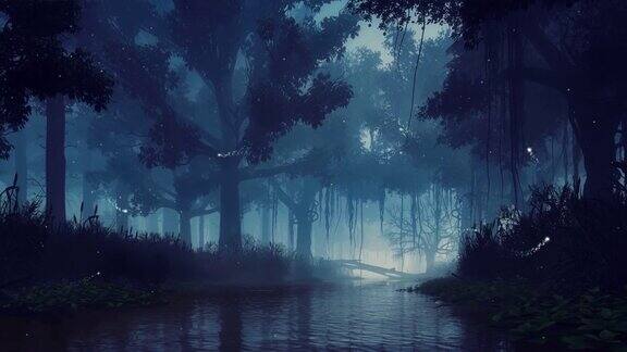 令人毛骨悚然的夜森林和平静河流上的魔法灯光