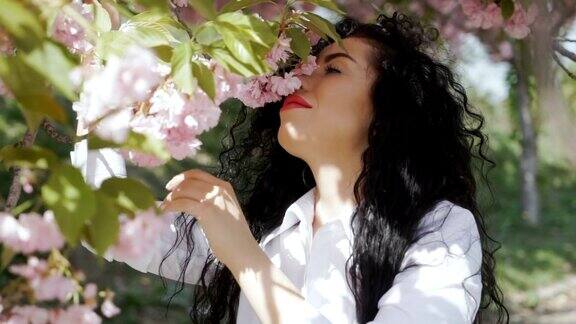 漂亮的黑发女人闻着樱花