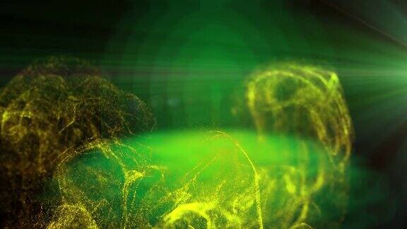 动画黄色粒子移动在绿色的光在黑色的背景