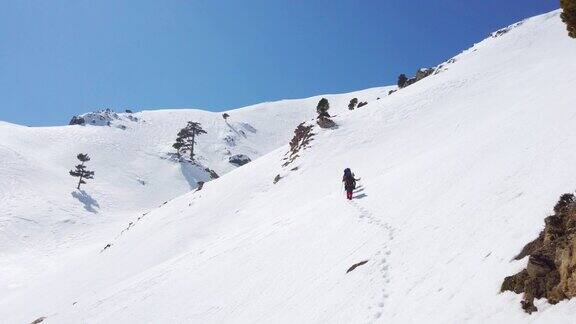 成功的登山队伍是在冬季在高海拔雪山峰顶的山脊上排成一行攀登的队伍
