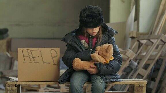 小叙利亚难民穿着脏衣服坐在工地上手里拿着“帮助”纸板和泰迪熊