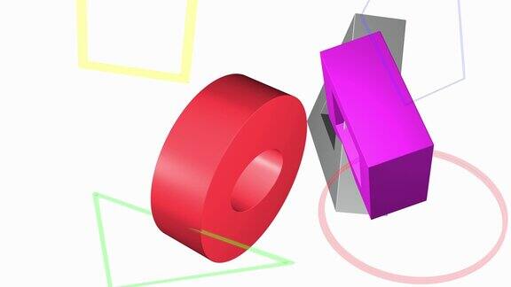 三维几何明亮的灰色三角形紫色正方形和红色圆形形状的动画视频数学概念教育3d渲染和3d形状