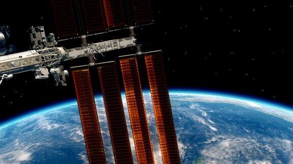 国际空间站围绕地球大气层旋转环绕地球的空间站3D动画