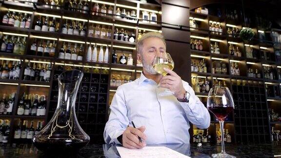 一位留着胡子、头发花白、穿着考究的侍酒师(男侍)正在品尝葡萄酒的香气并检查倒入透明玻璃杯中的葡萄酒的质量侍酒师正在品酒