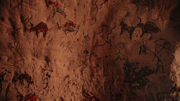 原始史前尼安德特人的动物和抽象画篝火照亮夜晚的墙壁创造第一个岩画洞穴艺术倾斜浮动相机角度
