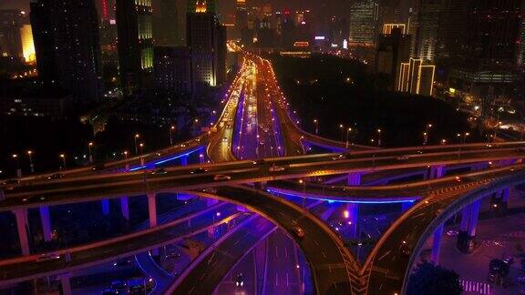 中国夜间照明上海著名交通路口航拍全景4k