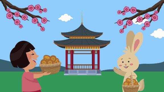快乐的中秋节动画与亚洲女孩和兔子