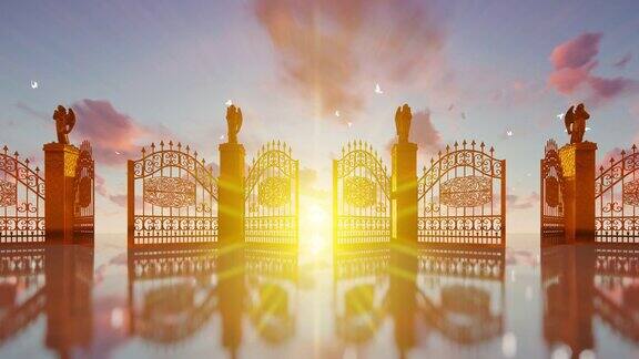 金色的天堂之门在神奇的日落和飞翔的白鸽中打开4K