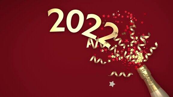 圣诞新年贺卡红色背景与黄金闪光饰品和香槟瓶与2022标题4K分辨率