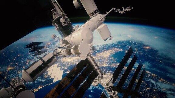 宇宙飞船正绕地球飞行地球和空间站
