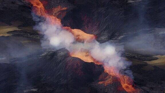 无人机在Fagradalsfjall火山上空喷发熔岩