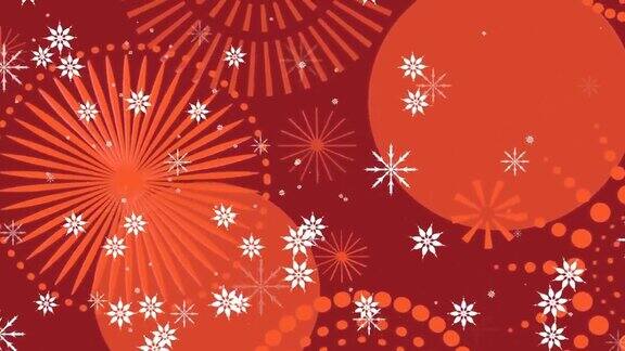 动画圣诞雪花在红色的新年烟花在深红色的背景