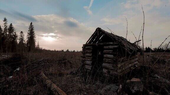 森林中古老的小木屋年代久远