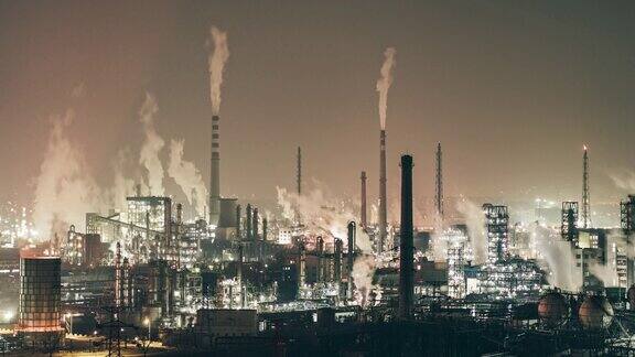 石化设备及炼油工业夜间鸟瞰图