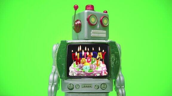 一个复古的电视机器人带着生日祝福走来走去