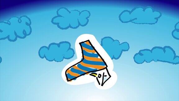 卡通黄蓝悬挂式滑翔机上的男子在蓝天白云中翱翔飞行的人在移动:云悬挂滑翔机风格:儿童写意、儿童艺术2D平面明亮动画