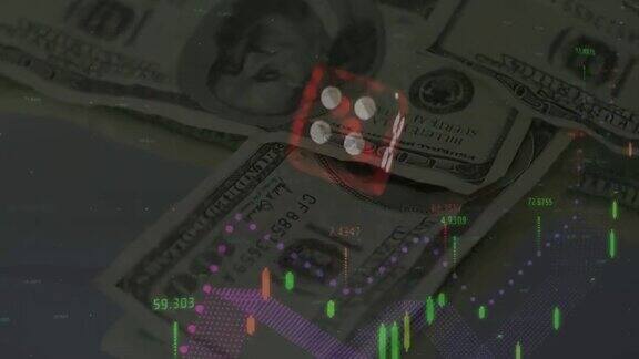 财务数据处理的动画骰子和美元钞票在后台