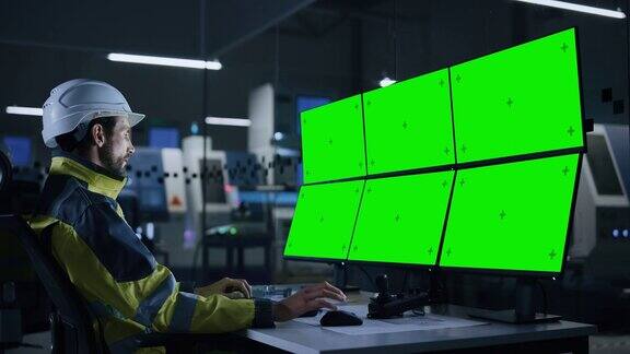 工业4.0现代工厂:英俊的男性操作员控制设施使用计算机与多色度键绿色屏幕显示在背景黑暗的自动化电子生产设施