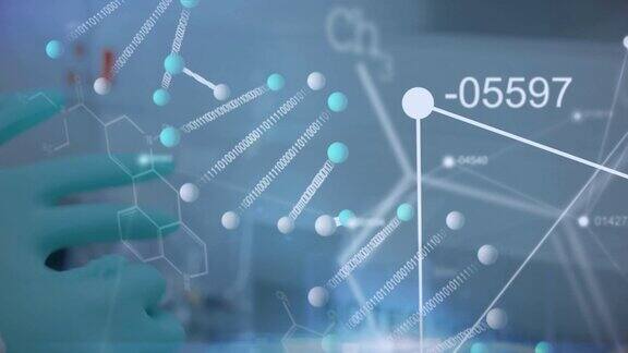 戴防护手套的科学家对中段进行医学数据处理