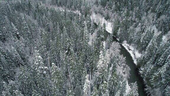 无人机在华盛顿州山脉冬季蜿蜒的河流上飞行