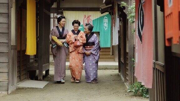 走过历史悠久的江户村的妇女