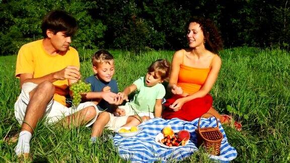 家人坐在草坪上吃水果