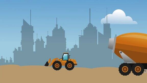 水泥车和挖土机通过城市HD定义