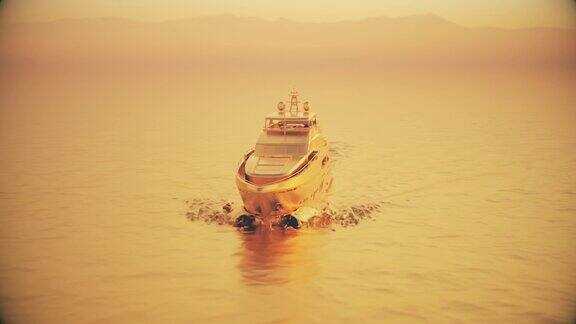 金色海洋中的金色游艇海上的游艇