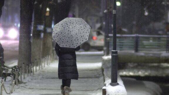 一个穿着黑色外套的女人在夜晚打着圆点伞走在白雪覆盖的公园街道上