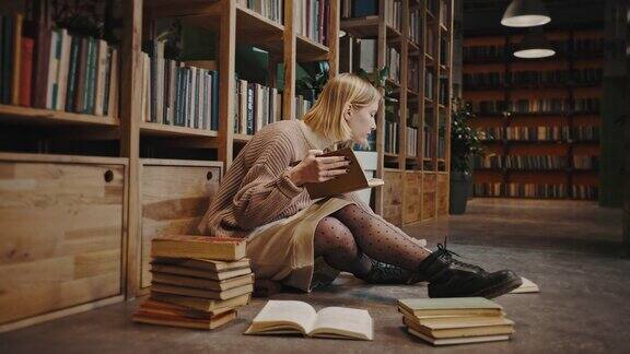 年轻的女学生看书坐在图书馆的地板上大量的书靠书架自由的空间