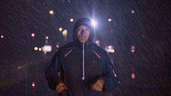 SLOMO男人在暴雨的夜晚在城市中奔跑