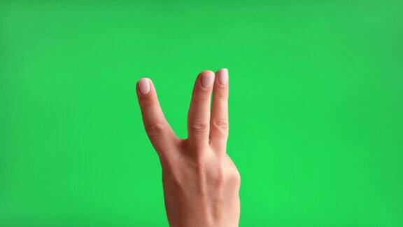 女性掌心侧手在色度键背景上数到五关闭了绿屏上孤立的女人手势计数4K镜头数字计算用手指从1数到5的手