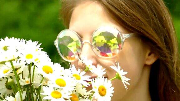 一个年轻女子的肖像戴着一束雏菊戴着一副闪亮的太阳镜