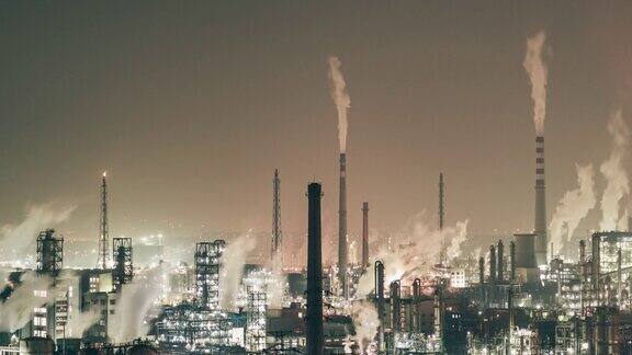 石化设备及炼油工业夜间鸟瞰图