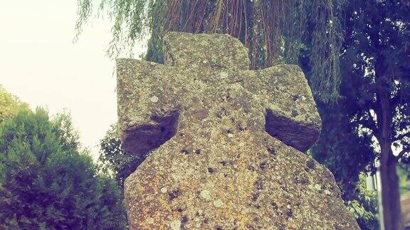 在夏天的白天墓地里有一个古老的石头十字架雾蒙蒙的模糊背景万圣节的主题长满青苔的十字架墓碑诡异的神秘的地方柳树摇曳复古风格
