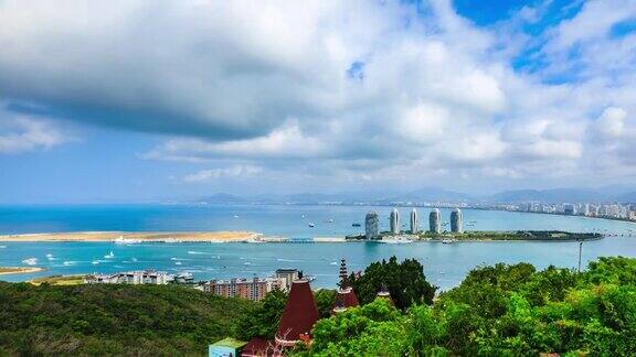 海南三亚现代城市建筑与大海航拍