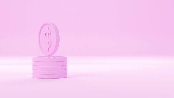 3d渲染粉红色硬币动画循环模板背景概念:金钱、金融、购物、投资