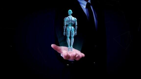 商人张开手掌旋转透明3D机器人身体