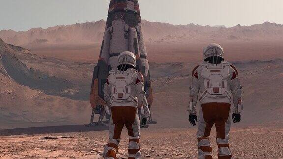 在火星上的殖民地两名宇航员在火星表面行走火星探索任务未来主义殖民和空间探索概念