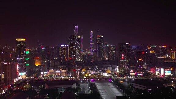 夜景时间照亮了广州市区4k中国体育地面航拍全景图