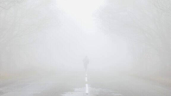 雾景观一个人独自走在可怕的雾蒙蒙的道路上