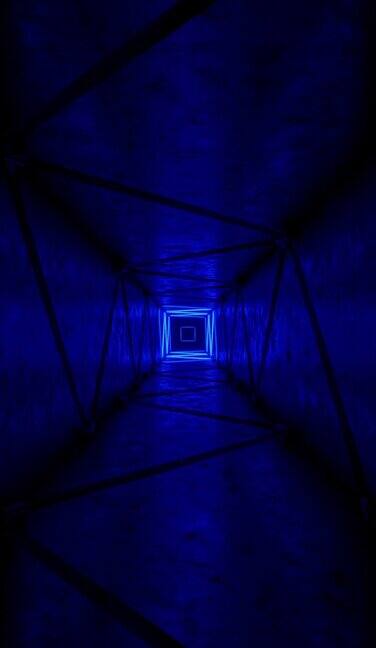 在闪烁着蓝色荧光灯的隧道里飞行垂直循环视频