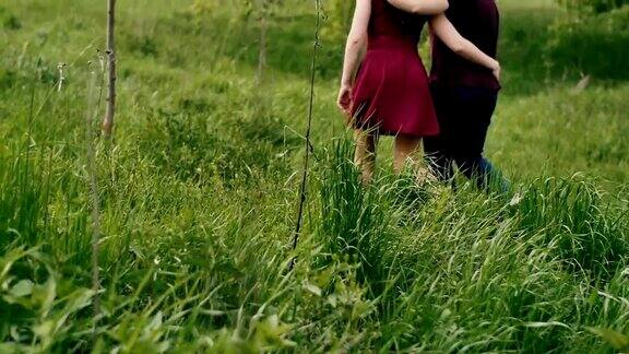 美丽的情侣在夏天漫步花园拥抱彼此幸福的情侣后景慢镜头稳定器拍摄