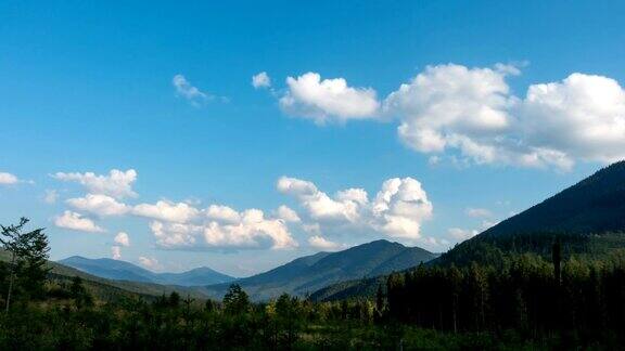 美丽的绿色松树森林山山谷和白云漂浮在蓝天时间流逝在明媚的夏日