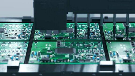 输送带机械臂电子线路板生产电子芯片的自动化制造高科技、数字和工业毛圈的3d动画