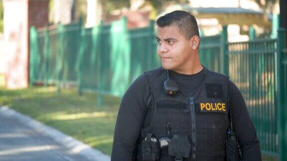 西班牙裔警察走在社区里