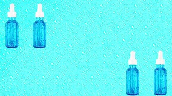 玻璃瓶精华保湿精华液在蓝色背景下以水滴移动水合透明质酸时尚的化妆品化妆品和皮肤护理产品动画
