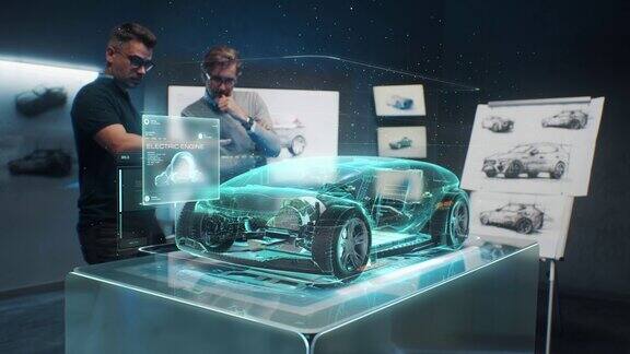工程师使用未来的增强现实全息图选择车身