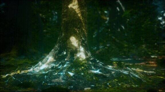 绿林中的老树长着地衣和苔藓